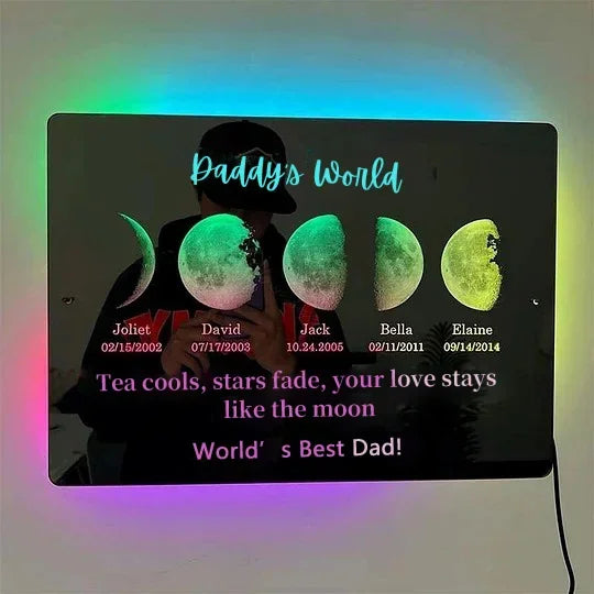 Dad's Universe - Custom Moon Led Mirror Light Frame With Text And Date - Gift for Dad