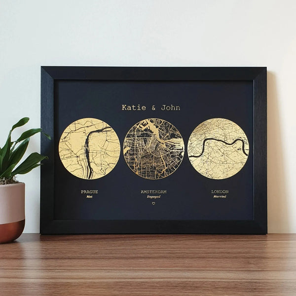 Custom Foil Map Print - Personalized Anniversary Gift, Wedding, Long Distance Relationship Keepsake Framed Art