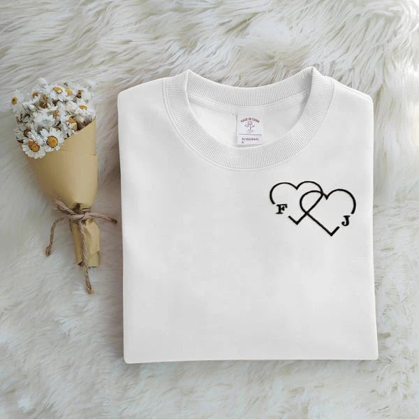Custom Letter Embroidered Double Heart Sweatshirt, Best Gift for Couple