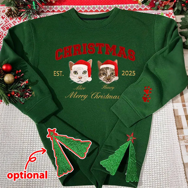 Custom Merry Christmas Embroidered Pet Portrait Sweatshirt with Glitter Side Bow Design, Christmas Gift for Pet Lover