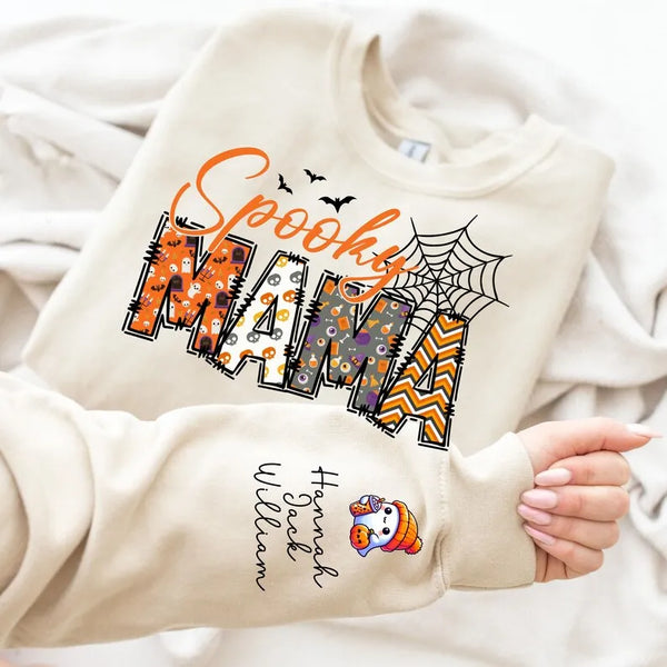 Custom Halloween Spooky Mama Sweatshirt with Kid's Names on the Sleeve