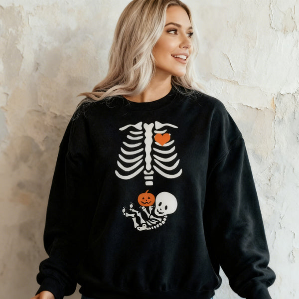 Custom Skeleton Halloween Maternity Sweatshirt New Baby Pregnancy Announcement Mom&Dad Sweatshirt