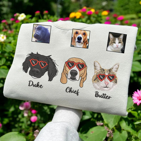 🐾😎 Custom Dog Portrait Embroidered Sweatshirt or T-Shirt – Let Your Pet Rock Those Cute Sunglasses