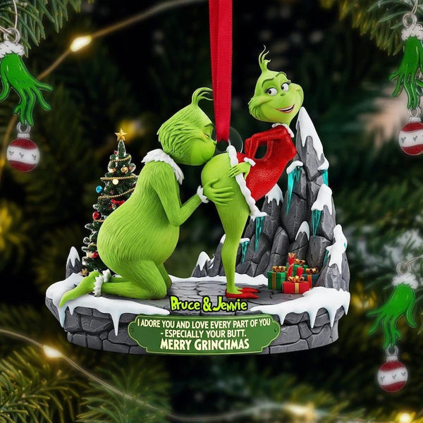 [Online Preview]Personalized Green Monster Couple Christmas Ornament, I Adore You, Custom Holiday Tree Decoration, Flat 2D Ornament, Merry Grinchmas Gift