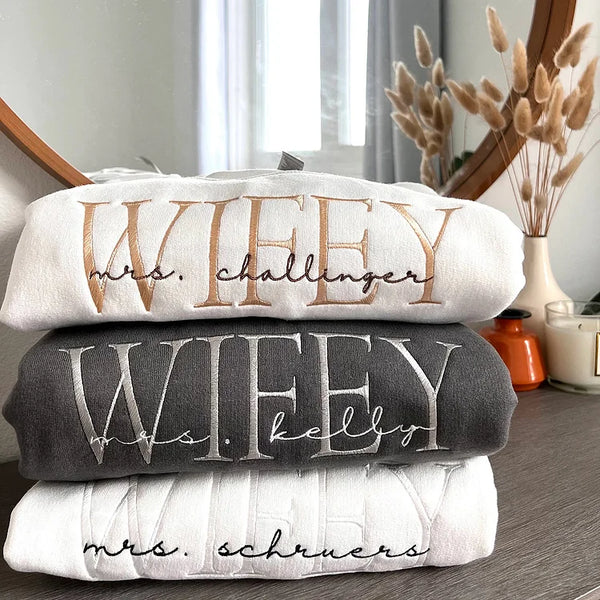 Personalized Wifey Bride Embroidered Sweatshirt With Date On Sleeve