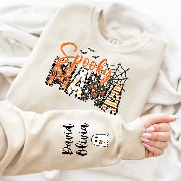 Custom Halloween Spooky Mama Sweatshirt with Kid's Names on the Sleeve