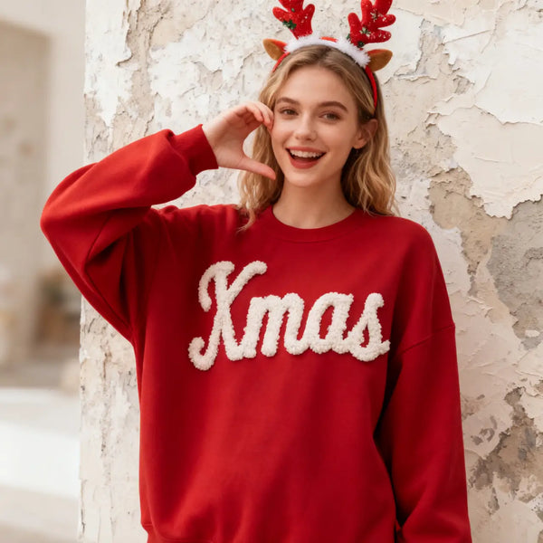 Chenille Christmas Fuzzy Letter Chenille YARN EMBROIDERED Sweatshirt