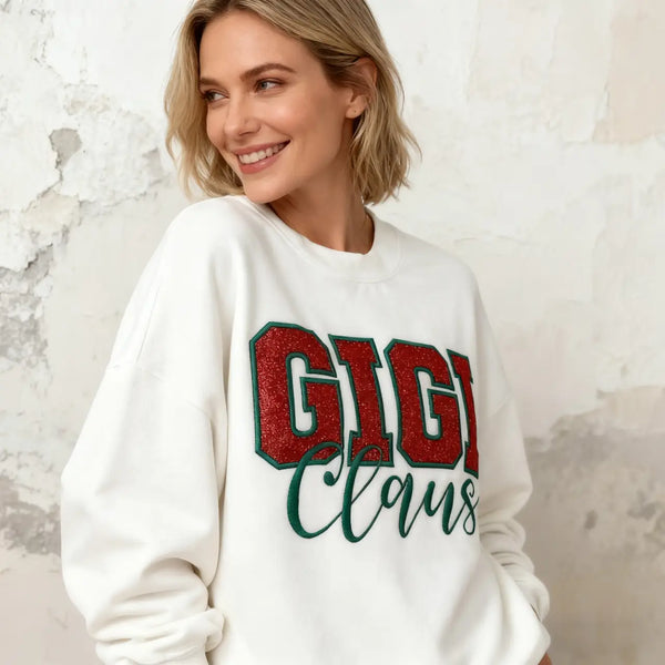 Custom Embroidered Glitter Appliqué Gigi Mimi Mama Claus Sweatshirt with Names on Sleeve