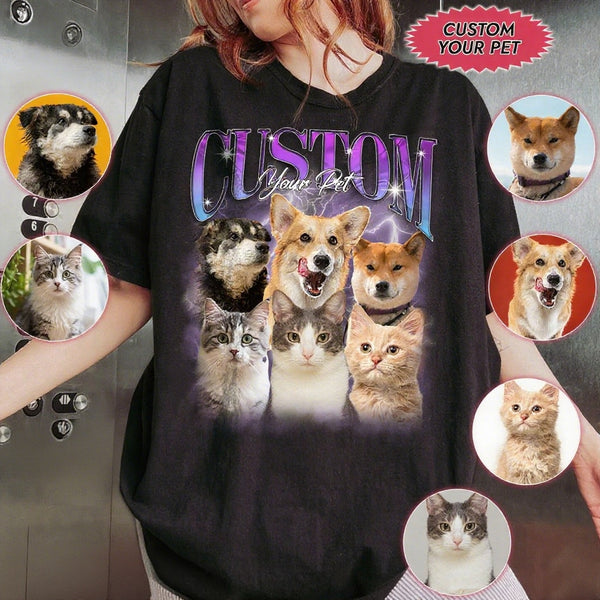 Custom Retro Dog Shirt, Bootleg Rap Dog Shirt, Personalized with Your Own Dog or Cat, Dog Vintage Retro 90's Gift For Her,Custom Pet Picture