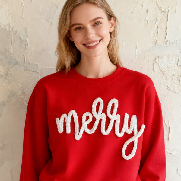 Custom Chenille Yarn Embroidered Merry Sweatshirt