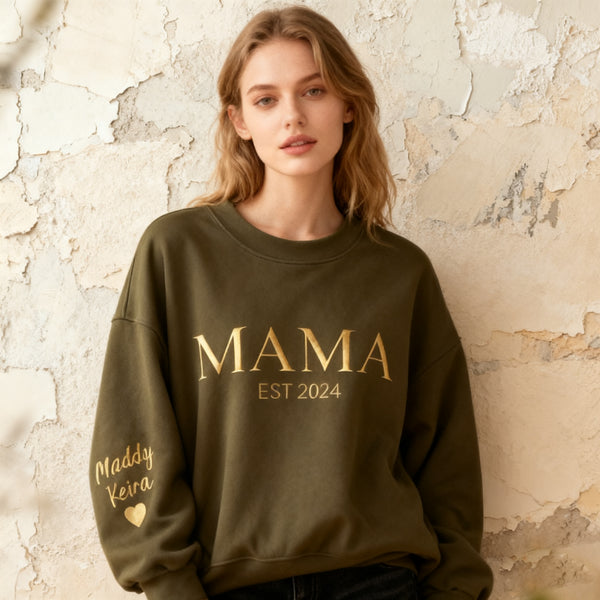 Custom Embroidered Est Year Mama Sweatshirt With Kids Name and Heart,Gift For Mom