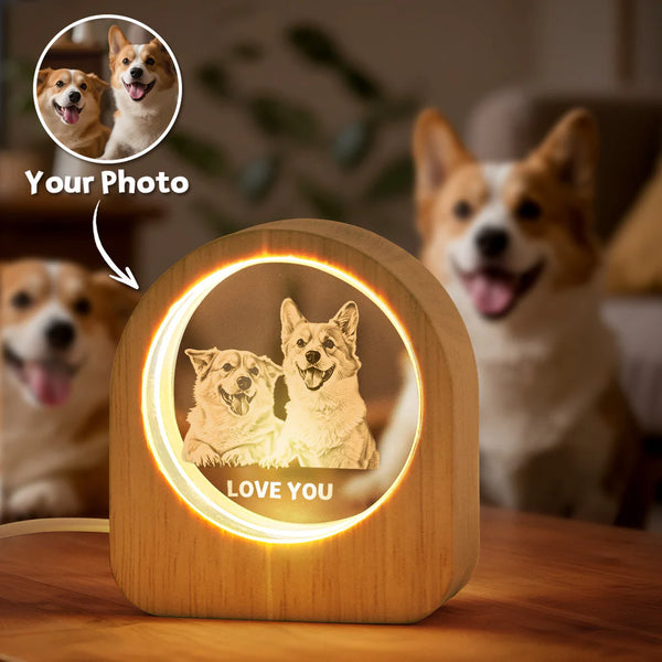 Personalized Family 3D Engraved Crystal Photo LED Light, Pet Lover Gift