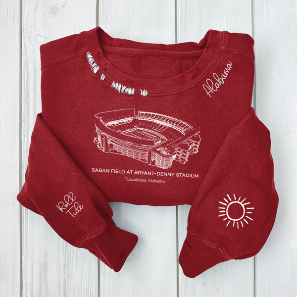 Saban Field at Bryant-Denny Stadium - Alabama Crimson Tide football Unisex Distressed Monogram Collar Sleeve Embroidery Chain Stitch Sweatshirt