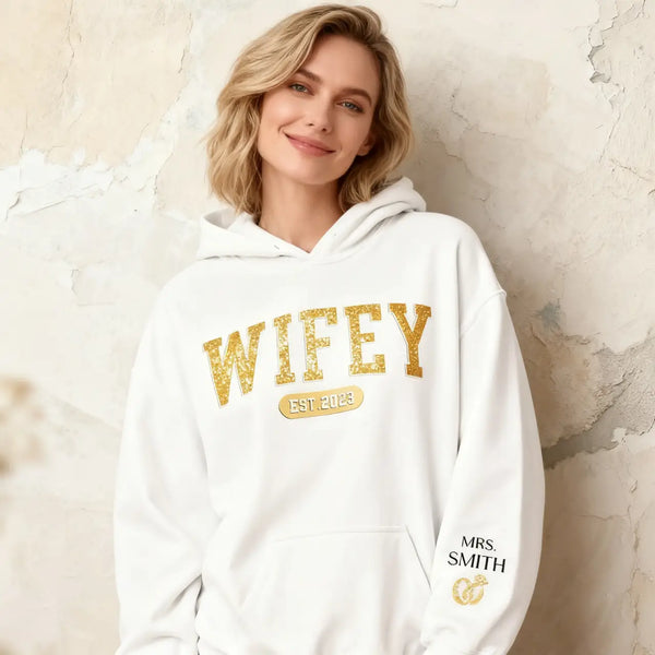Wifey Est - Couple Personalized Custom Unisex Sweatshirt With Design On Sleeve - Gift For Husband Wife, Anniversary