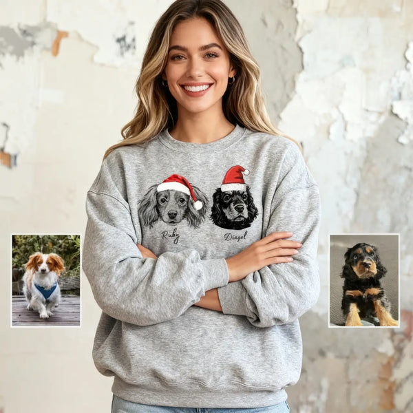 Custom Dog/Cat Santa Hat Graphic Crewneck Sweatshirt Hoodie, Christmas Gift for Pet Lover