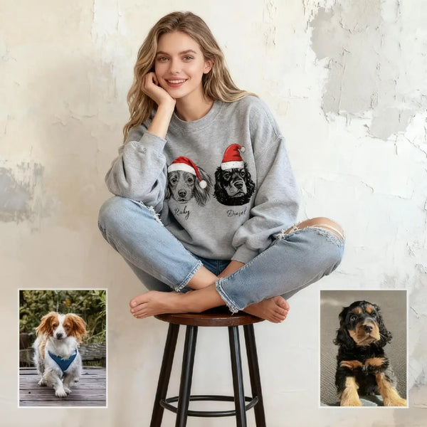 Custom Dog/Cat Santa Hat Graphic Crewneck Sweatshirt Hoodie, Christmas Gift for Pet Lover