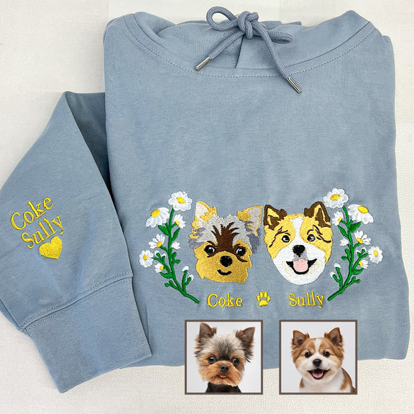 Custom Embroidered Portrait Hoodie/Sweatshirt With Pet Portrait Flower
