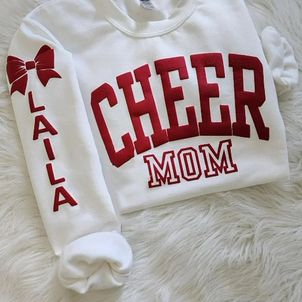Personalized 3D PUFF Print Cheer Mom sweatshirt with Kids Name on Sleeve