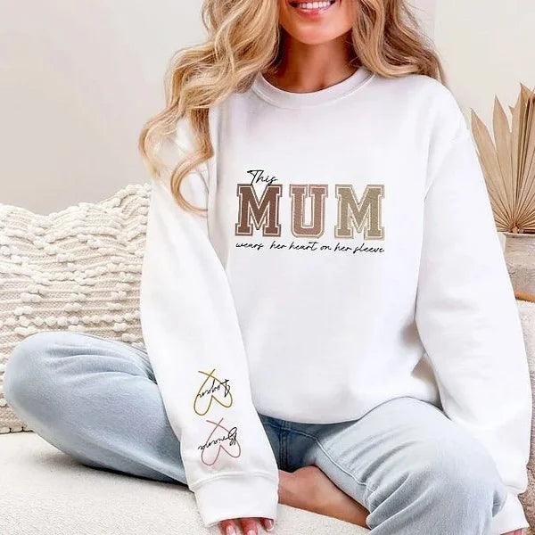 Embroidered Custom Mum Wears Her Heart On Her Sleeve T-Shirts, Sweatsh