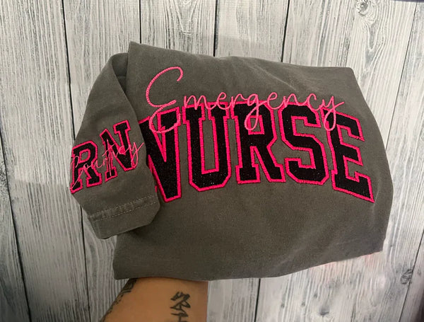 Custom Embroidered Nurse Sweatshirt – Glittered & Personalized