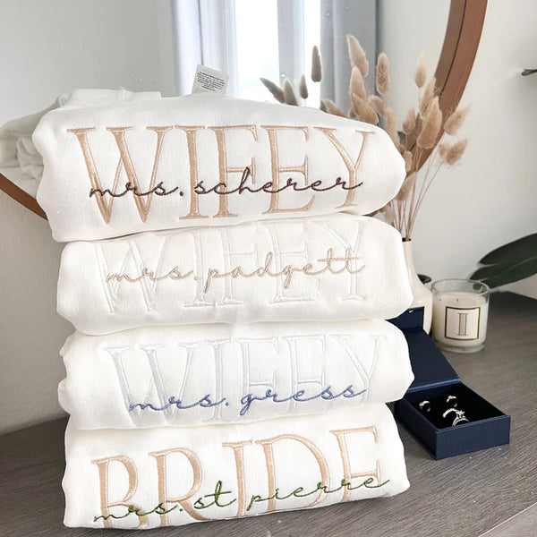Personalized Embroidery Sweatshirt Wifey, Hubby, Bride,Valentine's Day Gifts