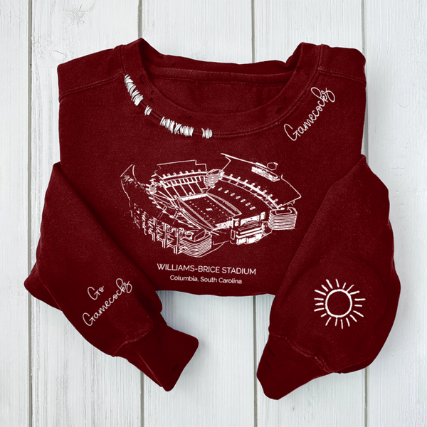 Williams–Brice Stadium South Carolina Gamecocks football Unisex Distressed Monogram Collar Sleeve Embroidery Chain Stitch Sweatshirt