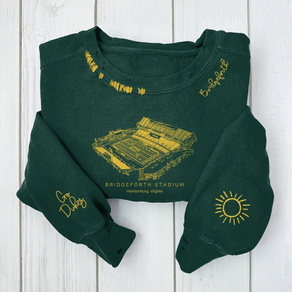 Bridgeforth Stadium - JMU Dukes Football Distressed Monogram Chain Stitch Sweatshirt - Vintage Fan Hoodie