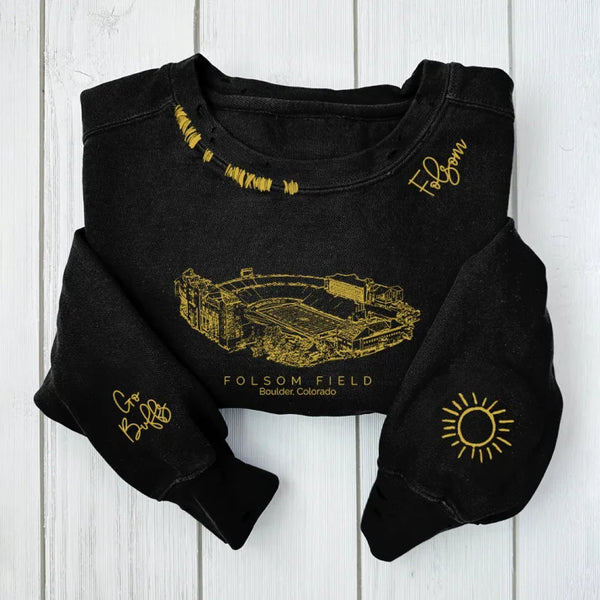 Folsom Field - Colorado Buffaloes Distressed Monogram Chain Stitch Sweatshirt - Vintage Fan Hoodie