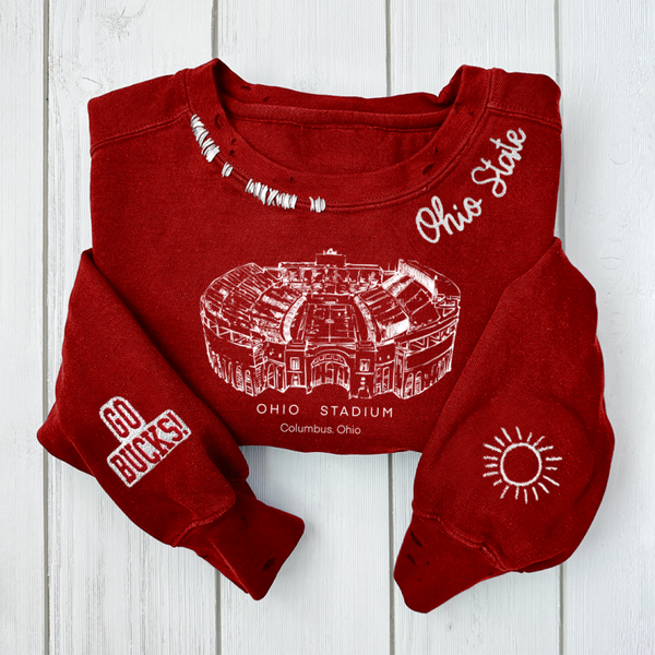 Ohio Stadium - Ohio State Buckeyes football Unisex Distressed Monogram Collar Sleeve Embroidery Chain Stitch Sweatshirt