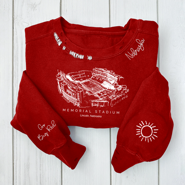 Memorial Stadium (Lincoln) - Nebraska Cornhuskers football Unisex Distressed Monogram Collar Sleeve Embroidery Chain Stitch Sweatshirt