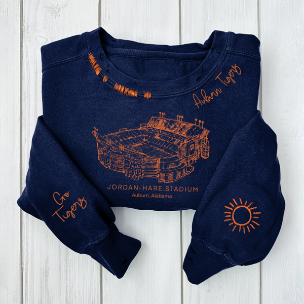 Jordan-Hare Stadium - Auburn Tigers football Unisex Distressed Monogram Collar Sleeve Embroidery Chain Stitch Sweatshirt