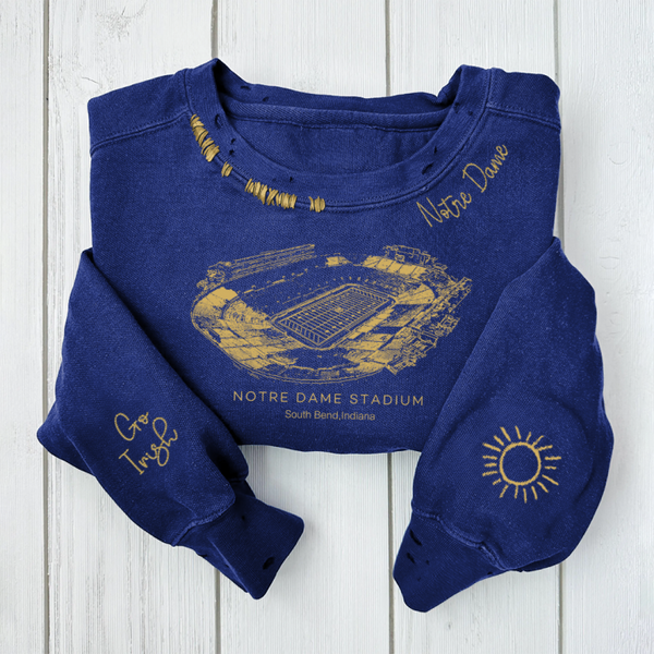 Notre Dame Stadium - Notre Dame Fighting Irish football Unisex Distressed Monogram Collar Sleeve Embroidery Chain Stitch Sweatshirt