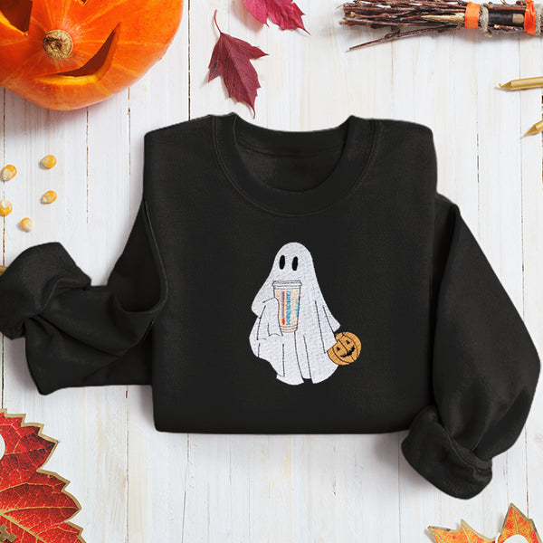 Ghost With Coffee Sweatshirt Embroidered