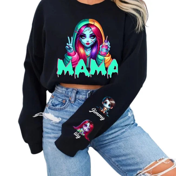Horror MAMA Sweatshirt with Kid's Names on the Sleeve