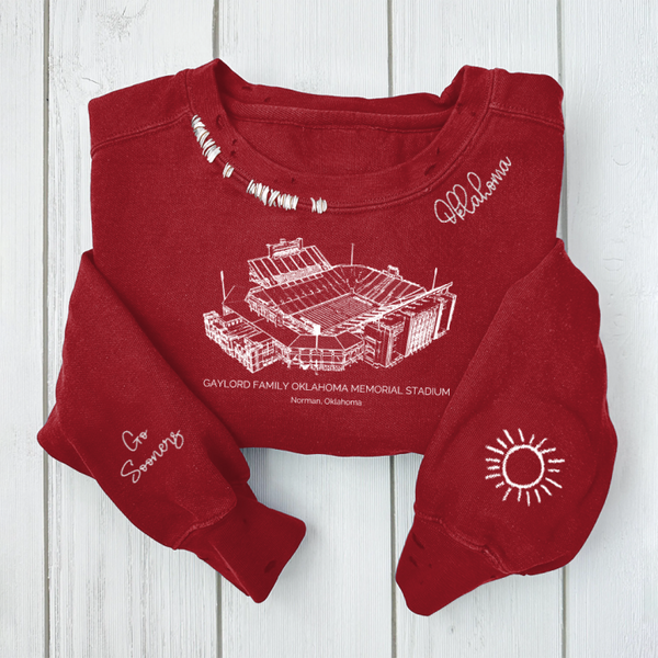 Gaylord Family Oklahoma Memorial Stadium - Oklahoma Sooners football Unisex Distressed Monogram Collar Sleeve Embroidery Chain Stitch Sweatshirt