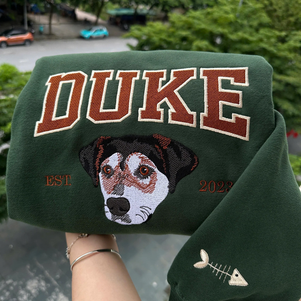 Custom Embroidered Sweatshirt Using Pets Photo Portrait, Pets Name and Est Year