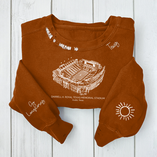 Darrell K Royal–Texas Memorial Stadium - Texas Longhorns football Unisex Distressed Monogram Collar Sleeve Embroidery Chain Stitch Sweatshirt