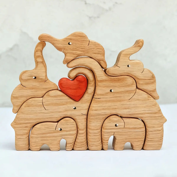 Wooden elephants family of 7 members with a heart puzzle keepsake gifts