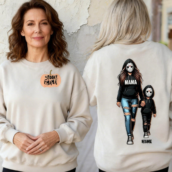 Halloween Horror Mama Custom Kids Name Sweatshirt, Custom Spooky Mama Hoodie, Killer Halloween Crewneck