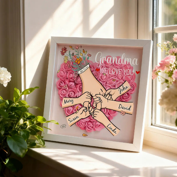 Family Love Blooms – Personalized Mum & Grandma Flower Shadow Box with Names