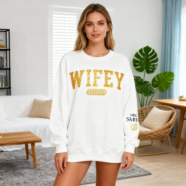 Wifey Est - Couple Personalized Custom Unisex Sweatshirt With Design On Sleeve