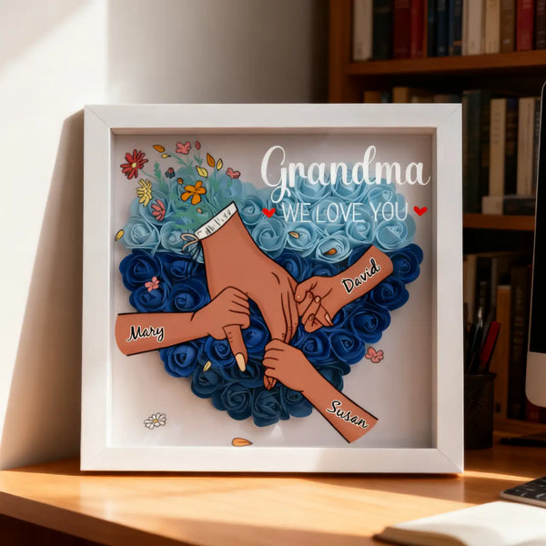 Personalized Mother & Grandma Flower Shadow Box with Names – A Unique Keepsake with Customizable Skin Tones & Up to 12 Hand Selections