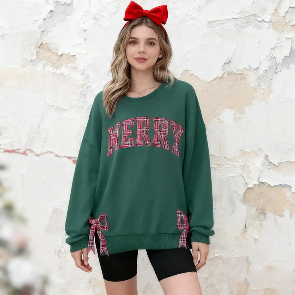 Trendy Merry Side Bow Cut-Out Sweatshirt - Cozy Plaid Christmas Pullover for Women - Best Christmas Gift