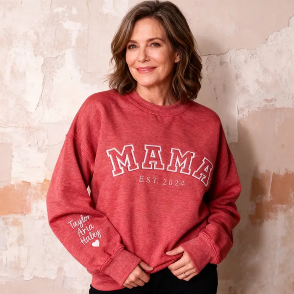 Custom Mama Embroidered Sweatshirt With Kids Names Sleeve