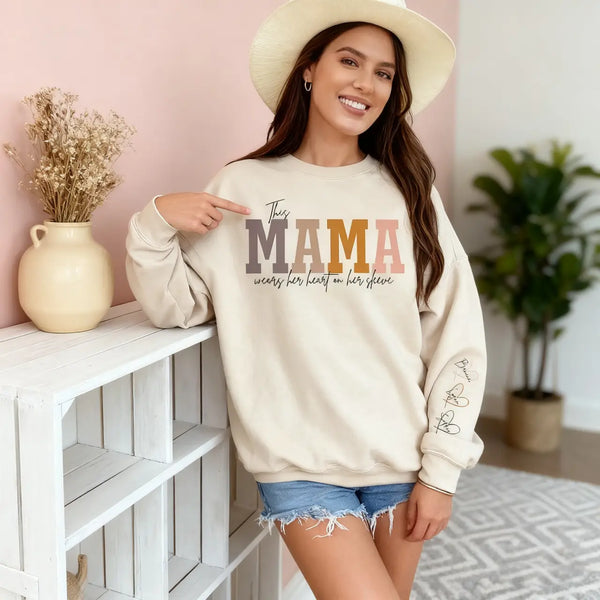 Custom This Mama Wears Her Heart On Her Sleeve Sweatshirt