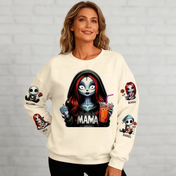 Custom Horror MAMA Sweatshirt with Kid's Names on the Sleeve