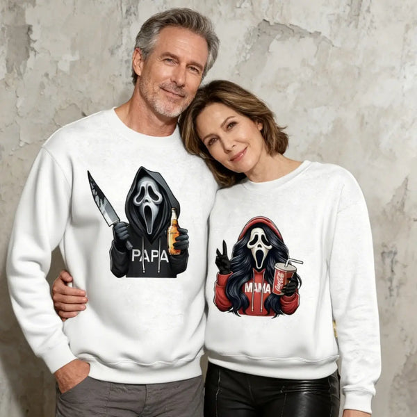 Horror MAMA/DAD Sweatshirt with Kid's Names Pet's Names on the Sleeve