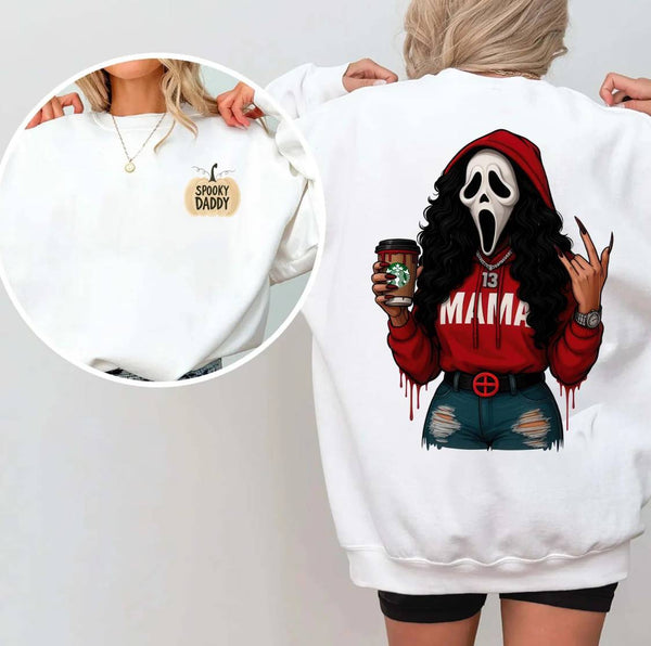Halloween Ghost Face Spooky Mama 2 Sides Sweatshirt, Cool Mama Halloween Hoodie
