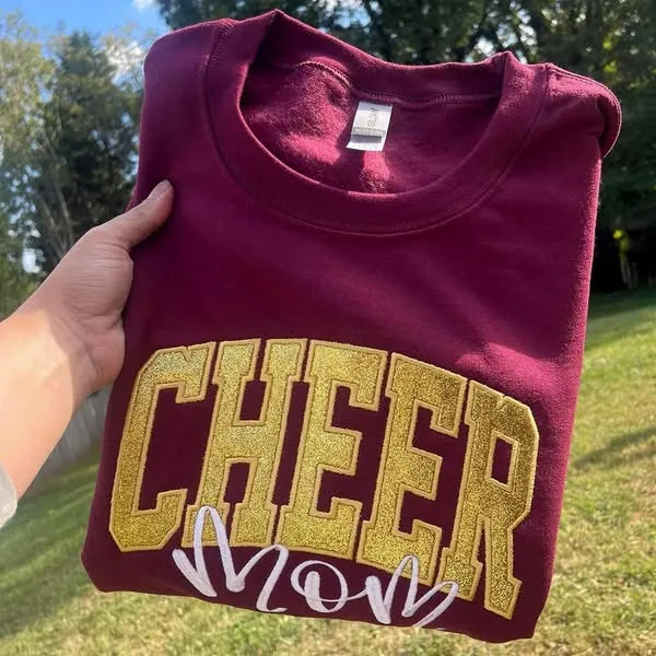 Embroidered Glitter Cheer Mom Sweatshirt With Kids Names On The Sleeve