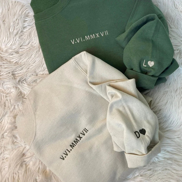 Personalized Embroidered Roman Numeral Date Couple's Sweatshirt
